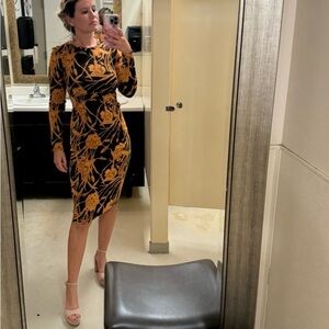 ZARA Black Orange Floral Cut Out Long Sleeve Knee Length Bodycon Dress S